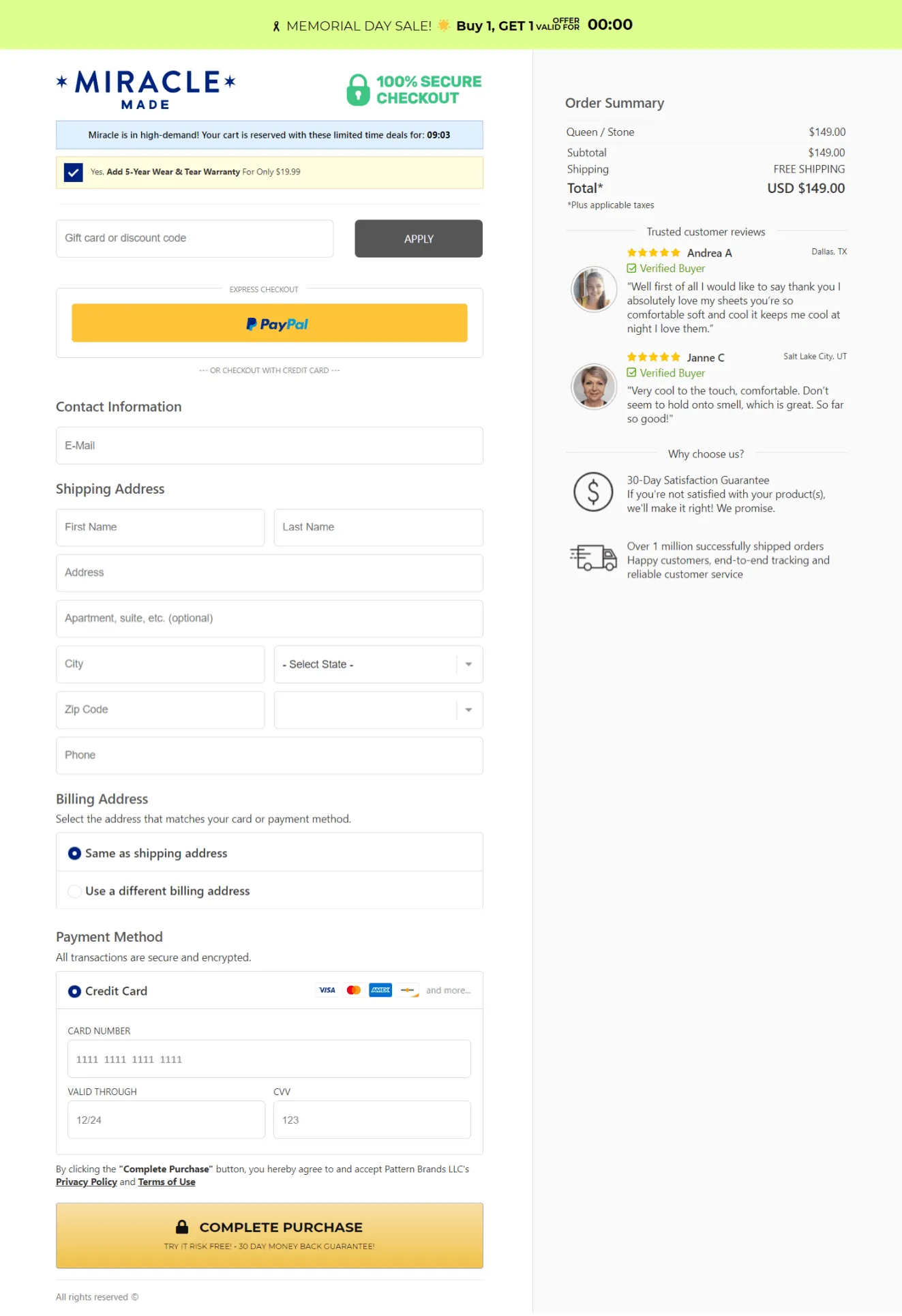 miracle sheets checkout page